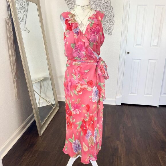 Lauren Ralph Lauren Dresses & Skirts - Ralph Lauren Cottage Core Pink Floral Silk Ruffle Frilly Wrap Midi Dress 8 / M